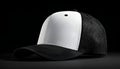 Blank trucker style baseball cap with a white front panel and black mesh back, positioned on a solid black background Royalty Free Stock Photo