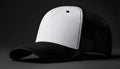 Blank trucker style baseball cap with a white front panel and black mesh back, positioned on a solid black background Royalty Free Stock Photo