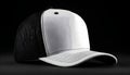 Blank trucker style baseball cap with a white front panel and black mesh back, positioned on a solid black background Royalty Free Stock Photo