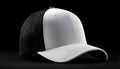 Blank trucker style baseball cap with a white front panel and black mesh back, positioned on a solid black background Royalty Free Stock Photo