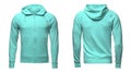 Blank turquoise hoodie sweatshirt with clipping path, mens pullover for design mockup and template for print, white background.