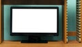 Blank Tv Display or computer screen on wooden desk. Royalty Free Stock Photo
