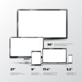 Blank TV screen, lcd monitor, notebook, tablet computer, smartphone mockups isolated on white background Royalty Free Stock Photo