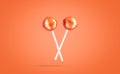 Blank two caramel lollipop mockup, no gravity, orange background