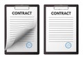 Blank vector contract with seal on clipboard. Deal agreement, treaty signing. Official business paper document