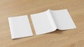 Blank vertical brochure or booklet cover mock up on wooden background. Closed one brochure and upside down other. Clipping path ar Royalty Free Stock Photo