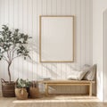 Blank Vertical Frame Mockup in Modern Scandinavian Interior with Bench and Greenery Royalty Free Stock Photo