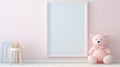 Blank vertical frame on monochrome soft background in children's room. Mock up for a photo or illustration Royalty Free Stock Photo