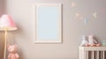 Blank vertical frame on monochrome soft background in children's room. Mock up for a photo or illustration Royalty Free Stock Photo