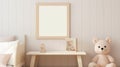 Blank vertical frame on monochrome soft background in children's room. Mock up for a photo or illustration Royalty Free Stock Photo