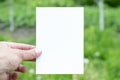 Blank vertical paper card holding in hand on green blurred garden background as simple template for you artwork presentation Royalty Free Stock Photo