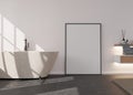 Blank vertical picture frame standing on the floor in modern bathroom. Mock up interior in contemporary style. Free