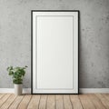 Blank vertical poster frame leaning against a textured wall with a potted plant on a wooden floor, mock-up for design Royalty Free Stock Photo