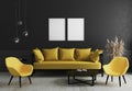 Blank vertical poster frame mock up in Modern room interior background with black wall and stylish yellow sofa and design armchair Royalty Free Stock Photo