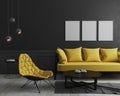 Blank vertical poster frame mock up in Modern room interior background with black wall and stylish yellow sofa and design armchair