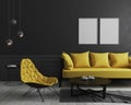 Blank vertical poster frame mock up in Modern room interior background with black wall and stylish yellow sofa and design armchair Royalty Free Stock Photo