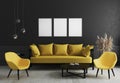 Blank vertical poster frame mock up in Modern room interior background with black wall and stylish yellow sofa and design armchair