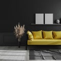 Blank vertical poster frame mock up on shelf in dark modern interior background, Living room interior with black wall and yellow Royalty Free Stock Photo