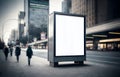 blank vertical street billboard stand with city background. urban advertising