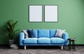 Blank vertical two frames on bright green wall in modern living room interior with blue sofa and plant, 3d rendering Royalty Free Stock Photo