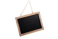 Blank vintage chalkboard with wooden frame and rope for hanging Royalty Free Stock Photo