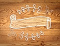 Blank vintage ribbon round banner in doodle style on wood,Template mock up for adding your content