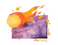 Blank violet watercolor space with burning comet, sale sign layout