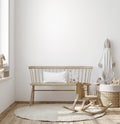 Blank wall mock up in cozy nursery interior background, Scandinavian style