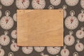 Blank weathered wood sign with stopwatch background