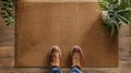 Feet Standing on a Blank Welcome Mat at a Front Door of House. Generative AI