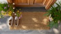 Flowers next to a Blank Welcome Mat and Pair of Shoes At Front Door of House. Generative AI