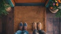 Two Pair of Feet on a Blank Welcome Mat At Front Door of House. Generative AI