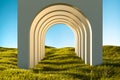 Blank White Arch on Green Grass at Heaven Meadow. Copy Space. Empty Space. 3d rendering. Royalty Free Stock Photo
