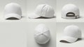 Blank white baseball cap mockup displayed from five different angles including front, back, side, and top view isolated on white Royalty Free Stock Photo