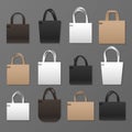 Blank white, black and brown canvas shopping bag templates. Vector handbags mockup Royalty Free Stock Photo