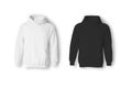 Blank white and black hoodies mockup isolated over white background. Handing on a wooden hanger unisex hoodies.