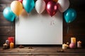 Blank white board with colorful balloons and candles on wooden background. with copy space Royalty Free Stock Photo