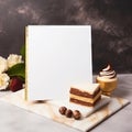 Blank white board for mock up standing in bakery near dessert and bisquit on marble background. Copy space for text Royalty Free Stock Photo