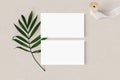 Blank white business cards mockups with palm leaf and silk ribbon on textured table backgound. Elegant modern template Royalty Free Stock Photo