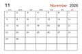 Blank white calendar page for November 2026 for your appointment. Royalty Free Stock Photo