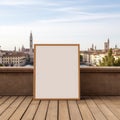 Blank white canvas frame leaning at bridge with rivercity background, Mock up template for adding your design, Generative AI Royalty Free Stock Photo