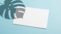 Blank white card casting a shadow from a monstera leaf on a blue background Royalty Free Stock Photo
