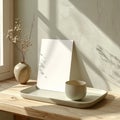 Blank White Card and Ceramics on Wooden Table with Window Light Royalty Free Stock Photo