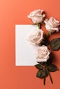 Blank White Card On Coral Background With Roses Postcard. Generative AI Royalty Free Stock Photo