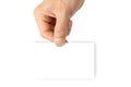 Blank white card. Hand holding blank business paper card isolated on white background. Empty credit template in person arm Royalty Free Stock Photo