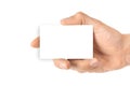 Blank white card. Hand holding blank business paper card isolated on white background. Empty credit template in person arm Royalty Free Stock Photo