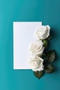 Blank White Card On Teal Background With Roses Postcard. Generative AI Royalty Free Stock Photo