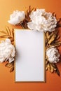 Blank White Card Top View On Gold Background Peonies. Generative AI Royalty Free Stock Photo