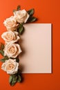 Blank White Card Top View On Orange Background Roses. Generative AI Royalty Free Stock Photo