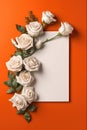 Blank White Card Top View On Orange Background Roses. Generative AI Royalty Free Stock Photo